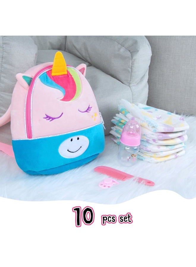 Pedolltree 10 Pcs Reborn Baby Doll Diaper Bag Care and Feeding Set for 17-24 inches Reborn Dolls Accessories Newborn Baby Girl with Unicorn Backpack - Image 2