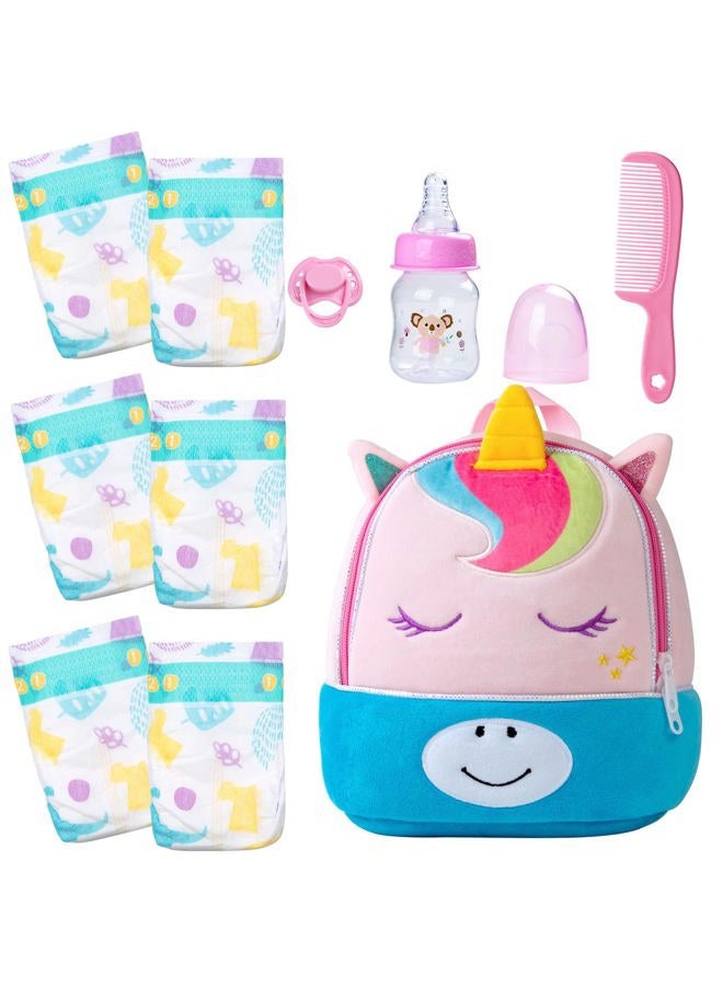 Pedolltree 10 Pcs Reborn Baby Doll Diaper Bag Care and Feeding Set for 17-24 inches Reborn Dolls Accessories Newborn Baby Girl with Unicorn Backpack - Image 1