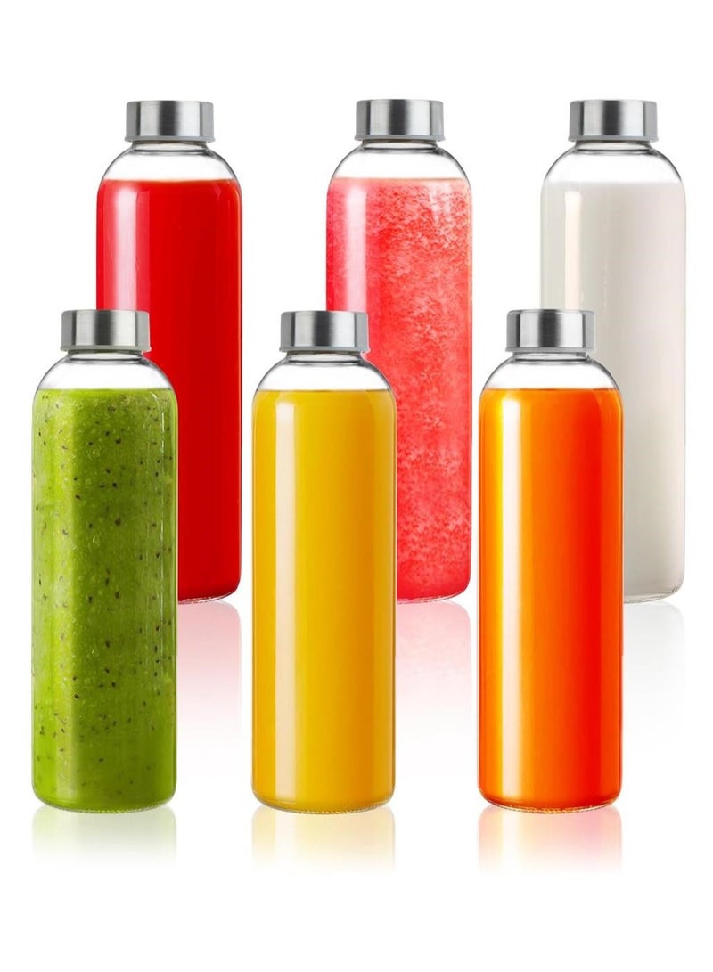 FUFU 6Pcs 25oz Glass Water Bottles, Clear Glass Bottles with Stainless Steel Lids, Reusable Glass Drink Bottles with Caps, Juice Bottles for Juicing  - Image 1