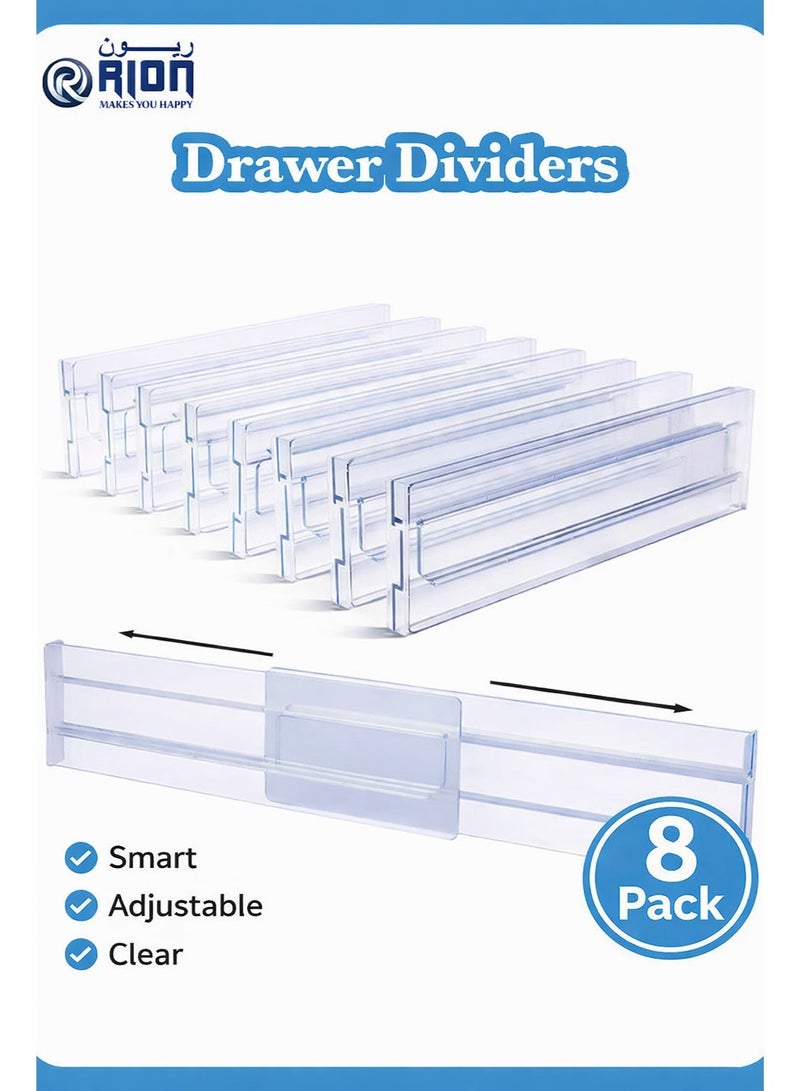 RION Pack of 8 Adjustable & Expandable Drawer Organizers – Clear Plastic Storage Organisers with Dividers for Kitchen, Bathroom, Makeup & Office Drawers - Image 4