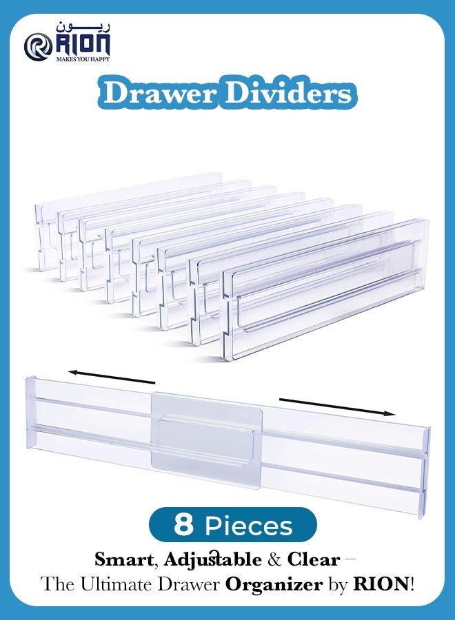 RION Pack of 8 Adjustable & Expandable Drawer Organizers – Clear Plastic Storage Organisers with Dividers for Kitchen, Bathroom, Makeup & Office Drawers - Image 1