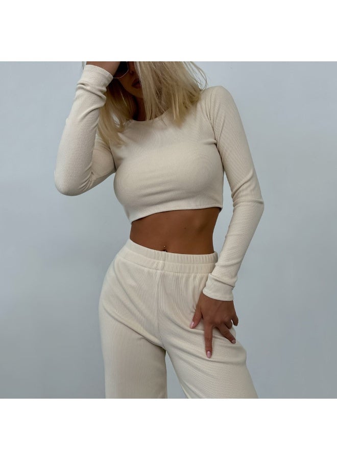 NIBEMINENT Fashion Women's Casual Clothing Short Slim Fit Long-sleeved Round Neck T-shirt Trousers Suit Ladies Pants Two-piece set - Image 1