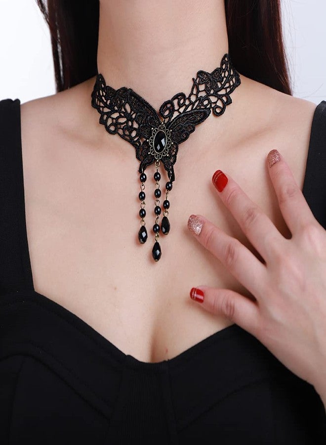 Xerling Black Lace Butterfly Choker Crystal Beads Tassel Necklaces Goth Halloween Statement Necklaces Vintage Lace Wrap Choker Jewelry Necklace for Women Costume (Type 3) - Image 3