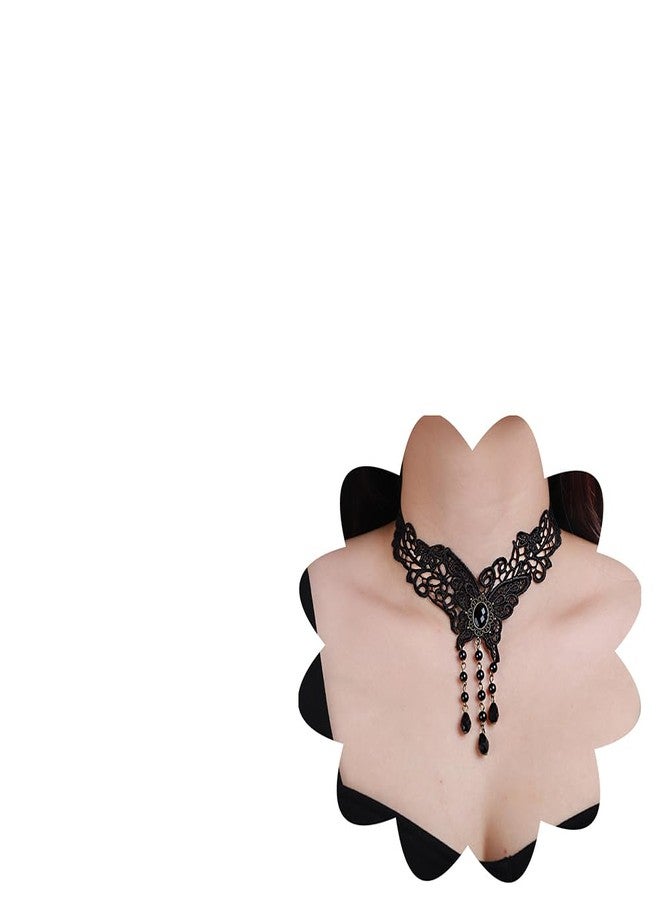 Xerling Black Lace Butterfly Choker Crystal Beads Tassel Necklaces Goth Halloween Statement Necklaces Vintage Lace Wrap Choker Jewelry Necklace for Women Costume (Type 3) - Image 1
