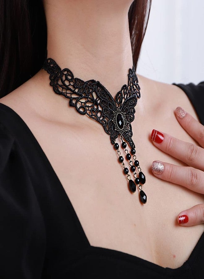 Xerling Black Lace Butterfly Choker Crystal Beads Tassel Necklaces Goth Halloween Statement Necklaces Vintage Lace Wrap Choker Jewelry Necklace for Women Costume (Type 3) - Image 4