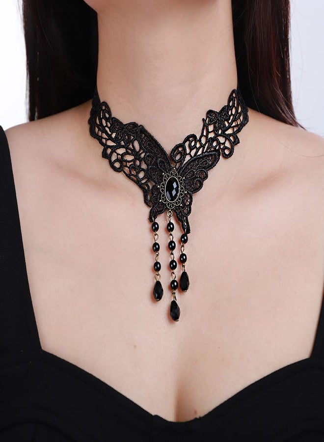 Xerling Black Lace Butterfly Choker Crystal Beads Tassel Necklaces Goth Halloween Statement Necklaces Vintage Lace Wrap Choker Jewelry Necklace for Women Costume (Type 3) - Image 2