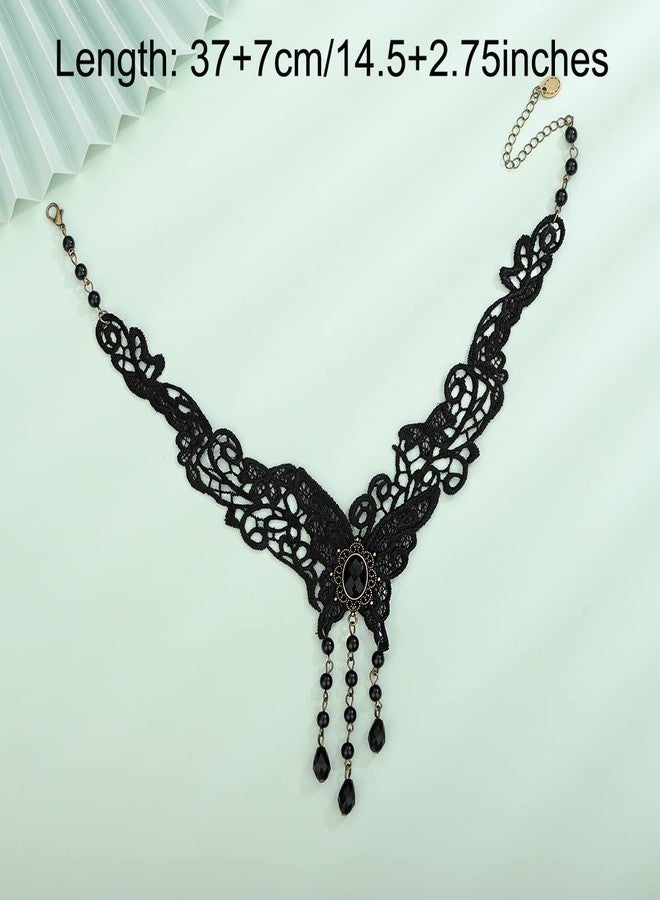Xerling Black Lace Butterfly Choker Crystal Beads Tassel Necklaces Goth Halloween Statement Necklaces Vintage Lace Wrap Choker Jewelry Necklace for Women Costume (Type 3) - Image 5