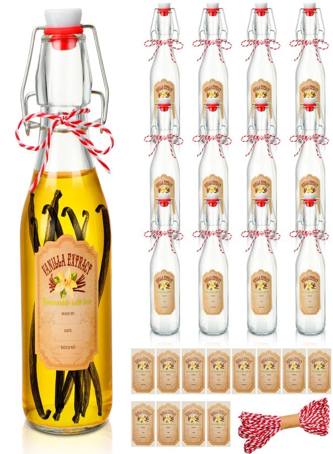 Uiifan 12 Pcs Swing Top Glass Bottles for Vanilla Extract Homemade Clear Flip Top Beer Bottles with Labels, Caps and Cotton Twines for Beer Kombucha Soda Tea Supply Christmas Homemade Gifts(8 oz) - Image 1