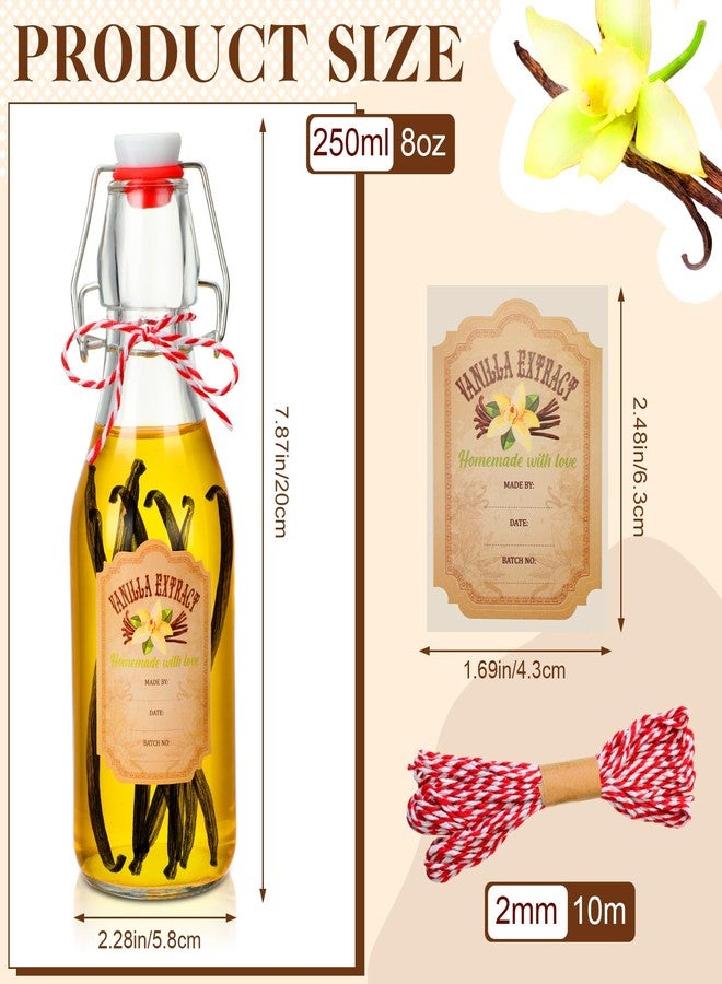 Uiifan 12 Pcs Swing Top Glass Bottles for Vanilla Extract Homemade Clear Flip Top Beer Bottles with Labels, Caps and Cotton Twines for Beer Kombucha Soda Tea Supply Christmas Homemade Gifts(8 oz) - Image 2