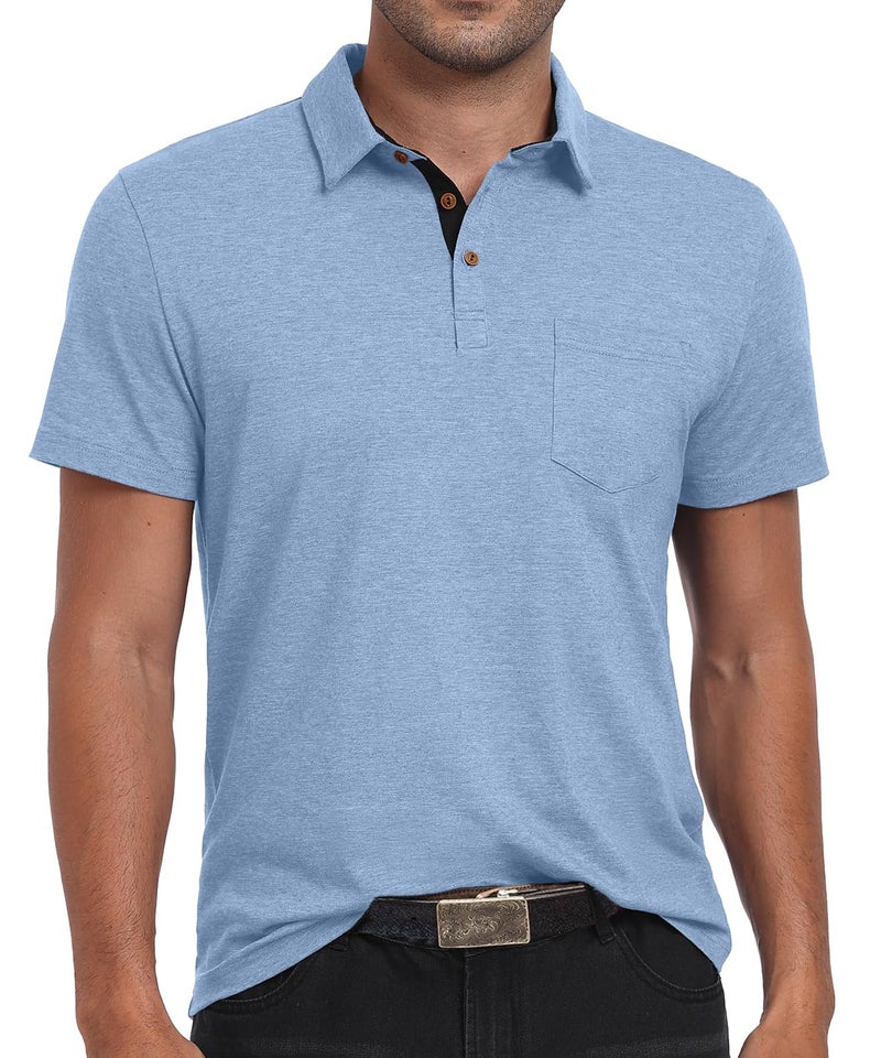 Sailwind Men's Cotton Polo Shirts Short Sleeve Casual Summer Shirts Classic Collared Golf Shirt with Pocket Light Blue - Image 5
