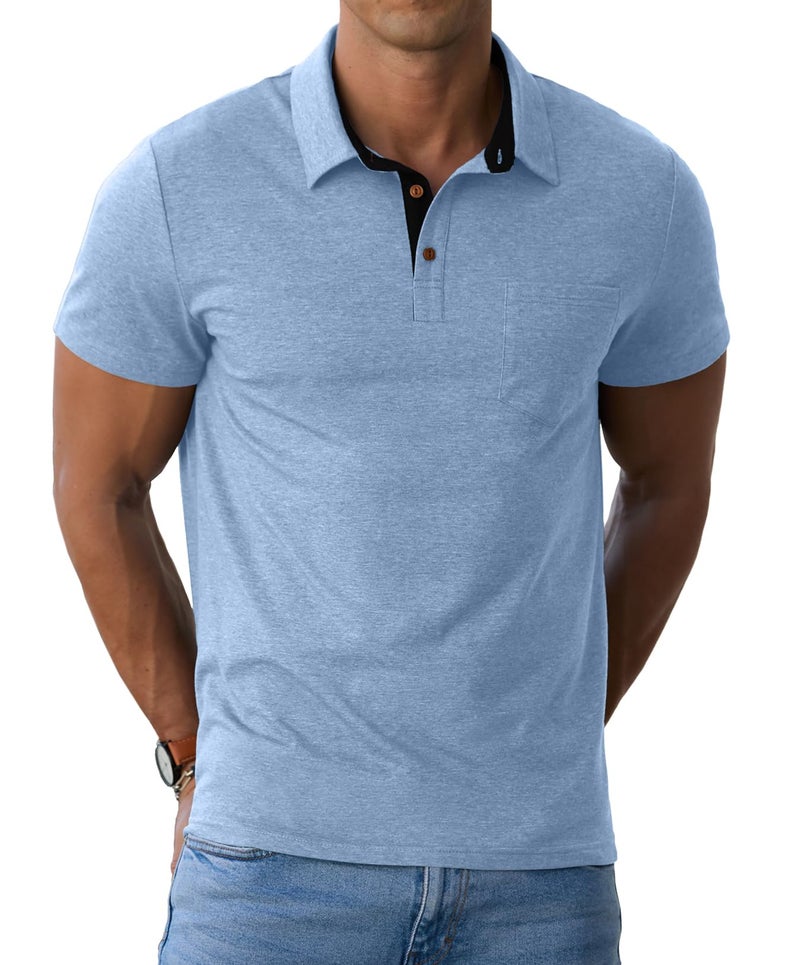 Sailwind Men's Cotton Polo Shirts Short Sleeve Casual Summer Shirts Classic Collared Golf Shirt with Pocket Light Blue - Image 1