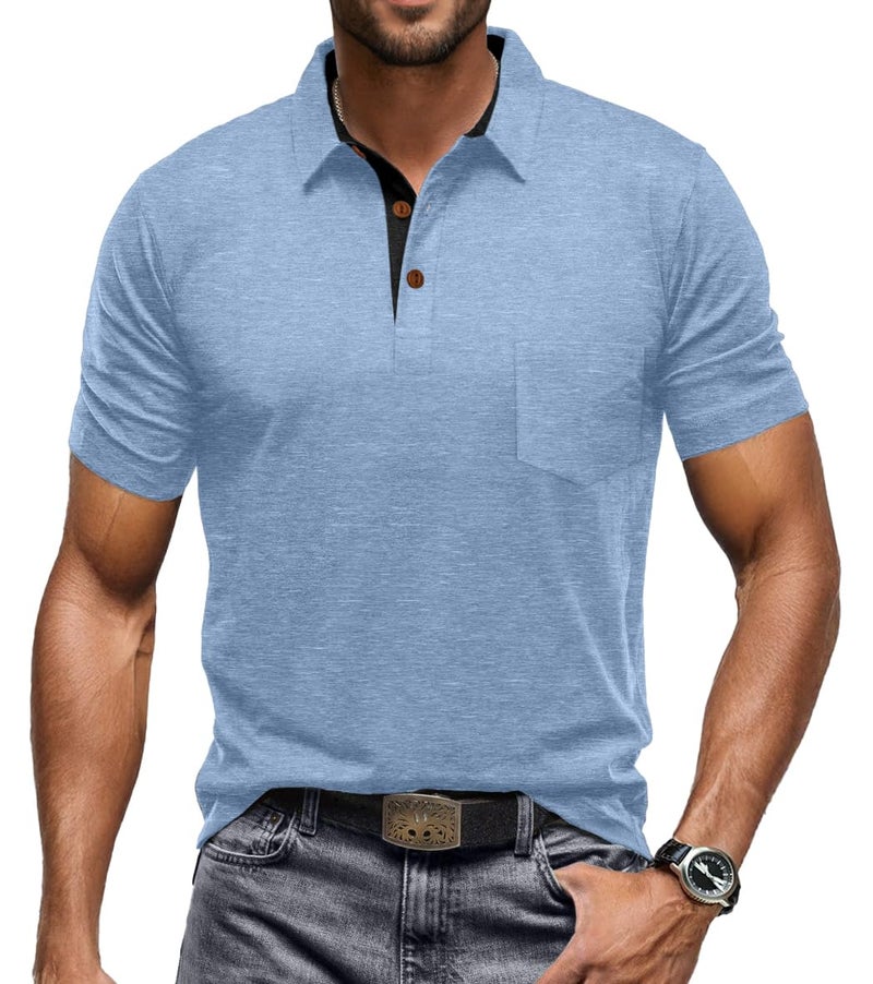 Sailwind Men's Cotton Polo Shirts Short Sleeve Casual Summer Shirts Classic Collared Golf Shirt with Pocket Light Blue - Image 2