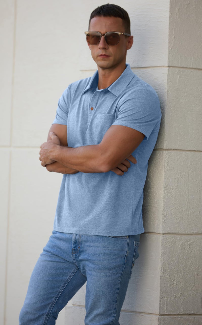 Sailwind Men's Cotton Polo Shirts Short Sleeve Casual Summer Shirts Classic Collared Golf Shirt with Pocket Light Blue - Image 3