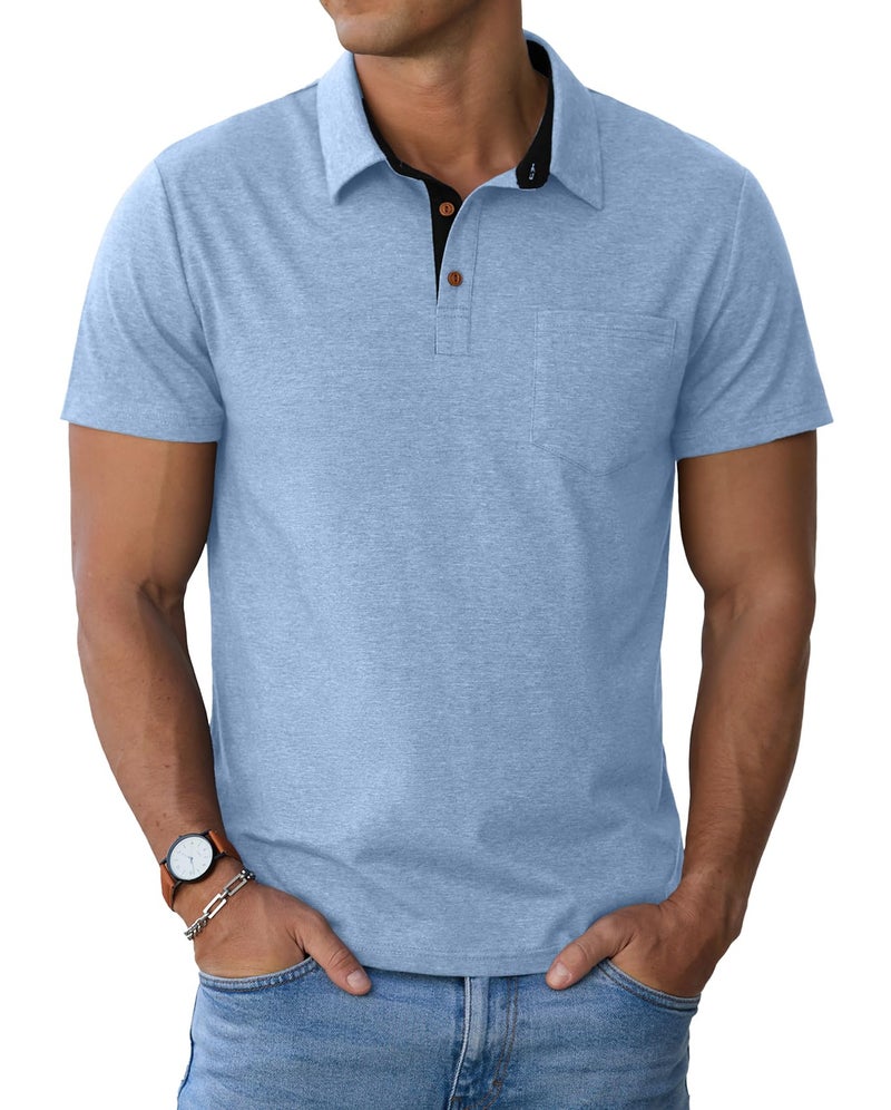 Sailwind Men's Cotton Polo Shirts Short Sleeve Casual Summer Shirts Classic Collared Golf Shirt with Pocket Light Blue - Image 4