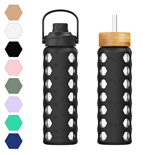 MUKOKO 24oz Glass Water Bottle with 2 LidsHandle Flip LidBamboo Straw LidMotivational Water Tumbler with Time Marker Reminder and Silicone Sleeve LeakproofBlack