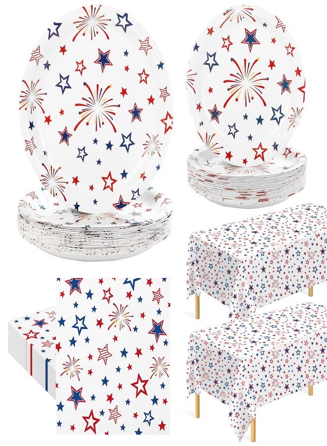 Quera 92 PCS 4th of July Party Decorations Set,Patriotic Disposable Paper Plates Napkins Tablecloths for Guests, Red White and Blue Stars Fireworks Party Tableware Set for Independence Day & Memorial Day - Image 1