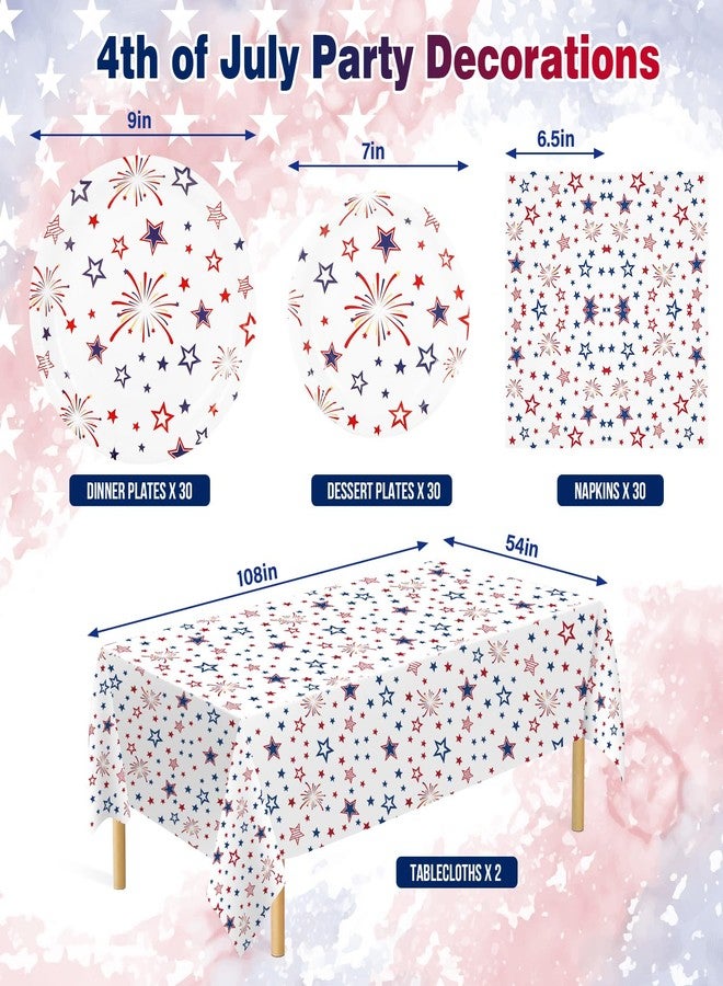 Quera 92 PCS 4th of July Party Decorations Set,Patriotic Disposable Paper Plates Napkins Tablecloths for Guests, Red White and Blue Stars Fireworks Party Tableware Set for Independence Day & Memorial Day - Image 2