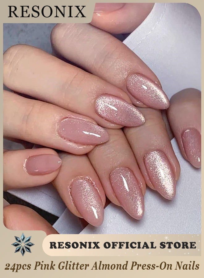 RESONIX 24pcs Medium Pink Glitter Press-On Nails for Women – Elegant Full Cover Acrylic False Nails, Glossy Stick-On Nail Set for Daily Wear, Parties & Weddings - Image 1