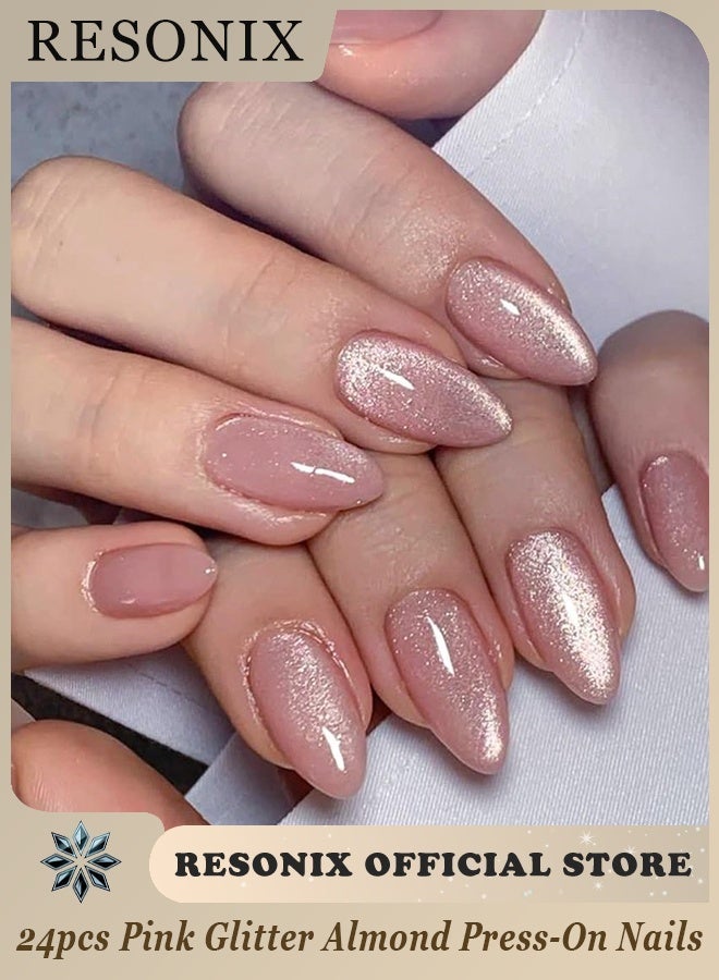 RESONIX 24pcs Medium Pink Glitter Press-On Nails for Women – Elegant Full Cover Acrylic False Nails, Glossy Stick-On Nail Set for Daily Wear, Parties & Weddings - Image 1