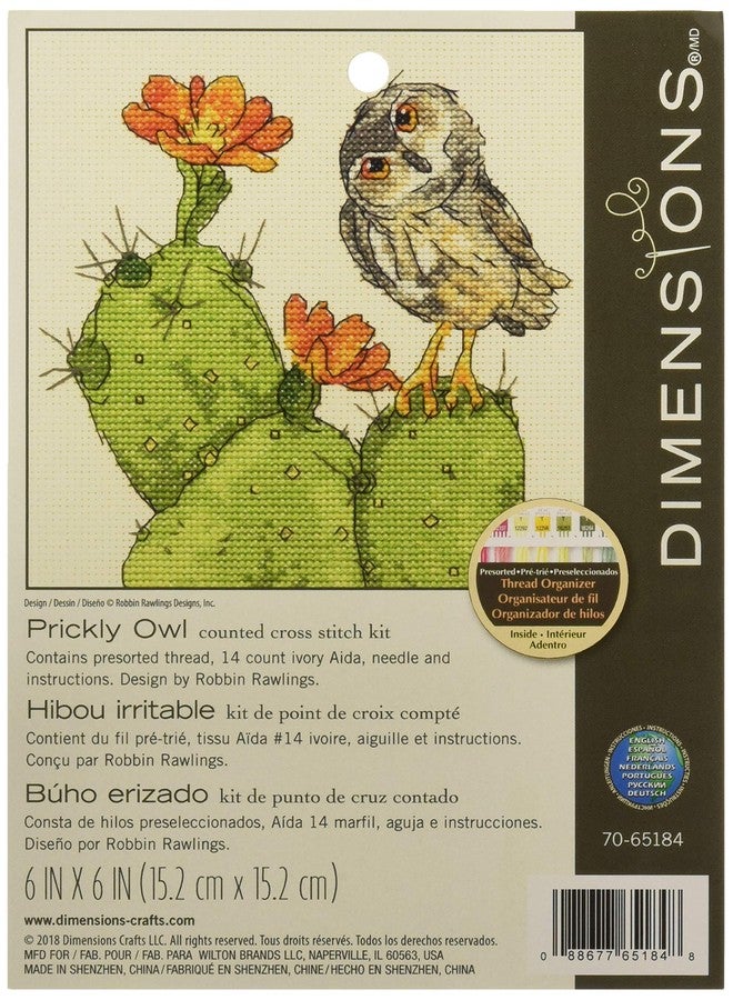 Dimensions Counted Cross Stitch Kit 'Prickly Owl' Cactus Pattern, 14 Count Ivory Aida Cloth, 6'' x 6''