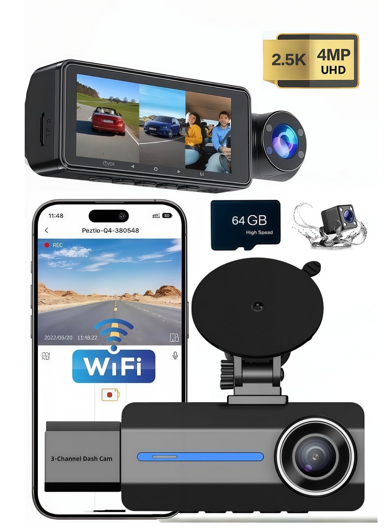 Generic Dash Cam Front and Rear, 2.5K Triple Car Camera with , 3 Channel Dash Camera for Cars, 64GB Card,G-Sensor, 3.16” IPS Screen, 170°Wide Angle, Loop Recording, IR Night Vision  - Image 1