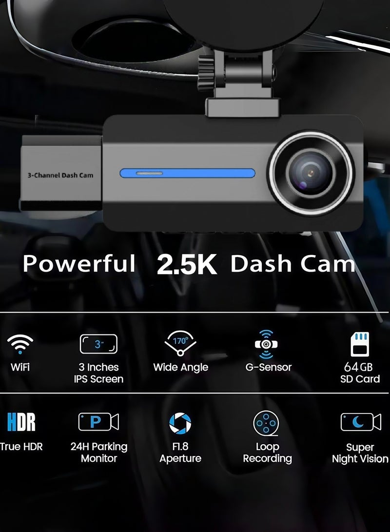 Generic Dash Cam Front and Rear, 2.5K Triple Car Camera with , 3 Channel Dash Camera for Cars, 64GB Card,G-Sensor, 3.16” IPS Screen, 170°Wide Angle, Loop Recording, IR Night Vision  - Image 2