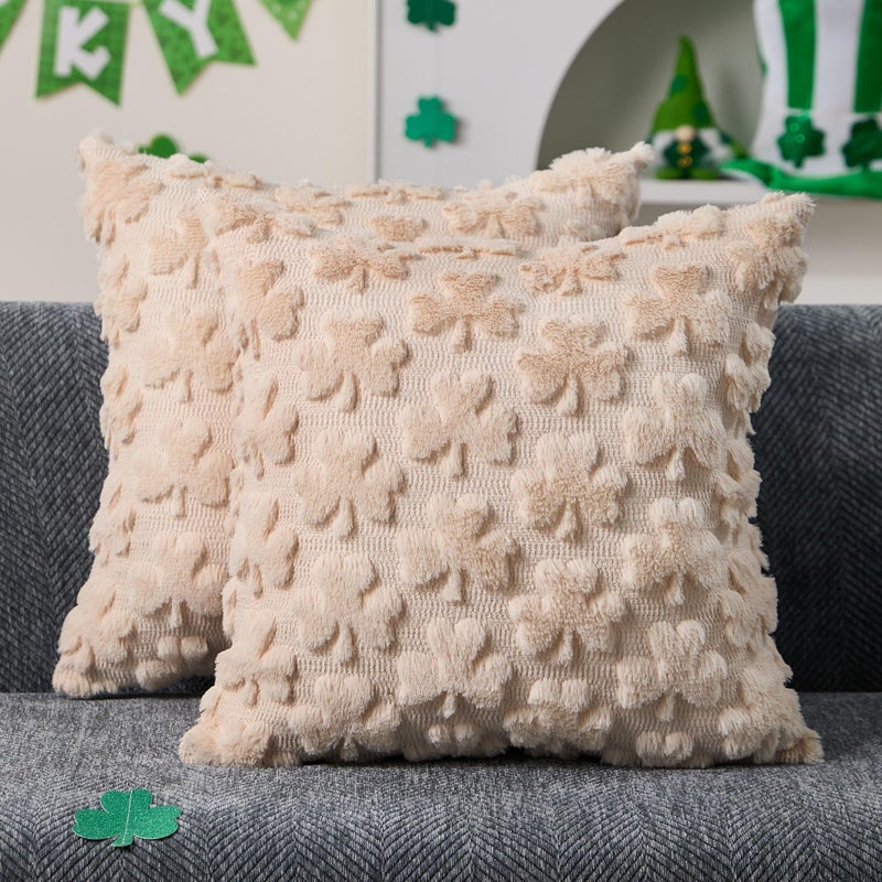 DFXSZ St Patricks Day Pillow Covers 18x18 inch Set of 2 St Patricks Day Decorations Beige Shamrock Soft Plush Faux Fur Jacquard Throw Pillows for Sofa Holiday Festivals Home Decor PTK021C18 - Image 1