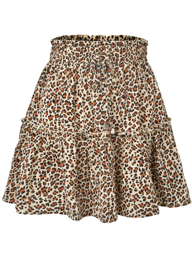إسكدنيا Women's Summer Cute High Waist Ruffle Skirt Leopard Print Swing Beach Mini Skirt  Brown 
