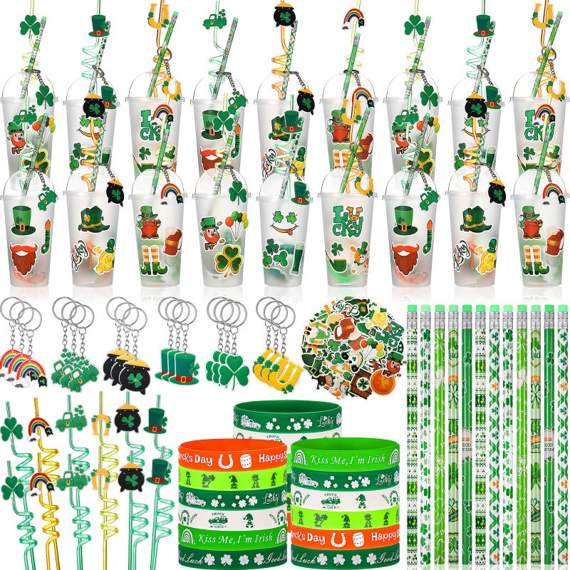 Funnymoom 194 Pcs St Patricks Day Party Favors Stationery Gifts Set St Patricks Day Gift Cup Fillers Shamrock Keychain Pencil Silicone Bracelet for Irish Classroom Gift Game Prizes School Rewards - Image 3
