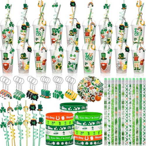 Funnymoom 194 Pcs St Patricks Day Party Favors Stationery Gifts Set St Patricks Day Gift Cup Fillers Shamrock Keychain Pencil Silicone Bracelet for Irish Classroom Gift Game Prizes School Rewards - Image 1