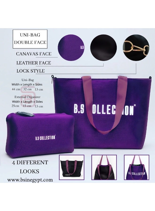 B.S COLLECTION Tote Bag for Women in Double-Face Leather and Fabric Lightweight, Elegant & Practical for Work and University - Purple - Image 2