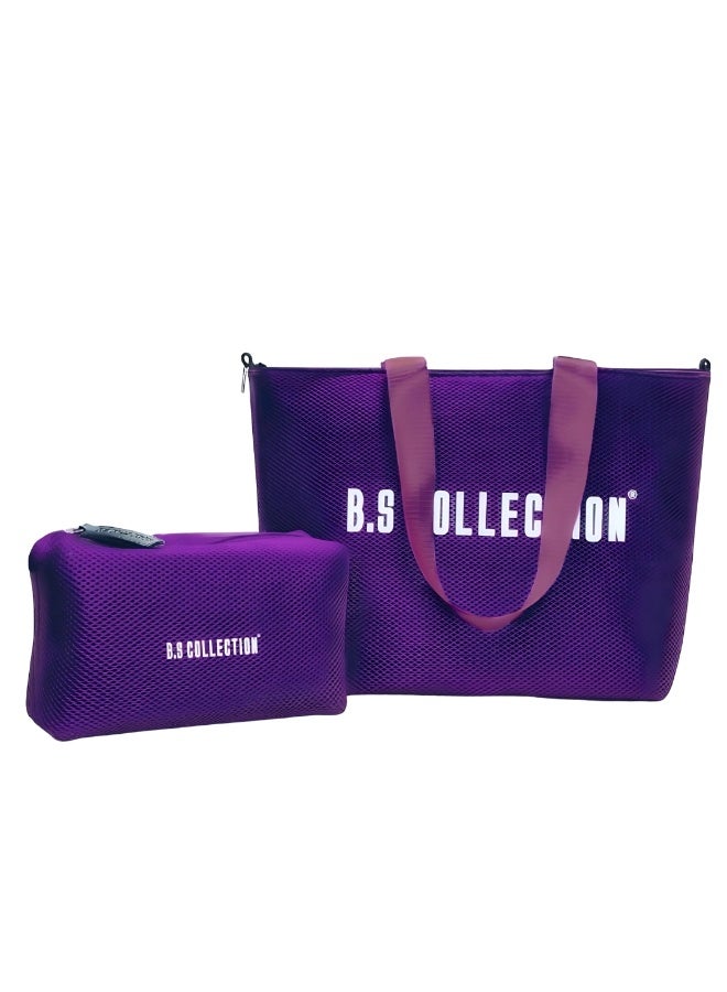 B.S COLLECTION Tote Bag for Women in Double-Face Leather and Fabric Lightweight, Elegant & Practical for Work and University - Purple - Image 1