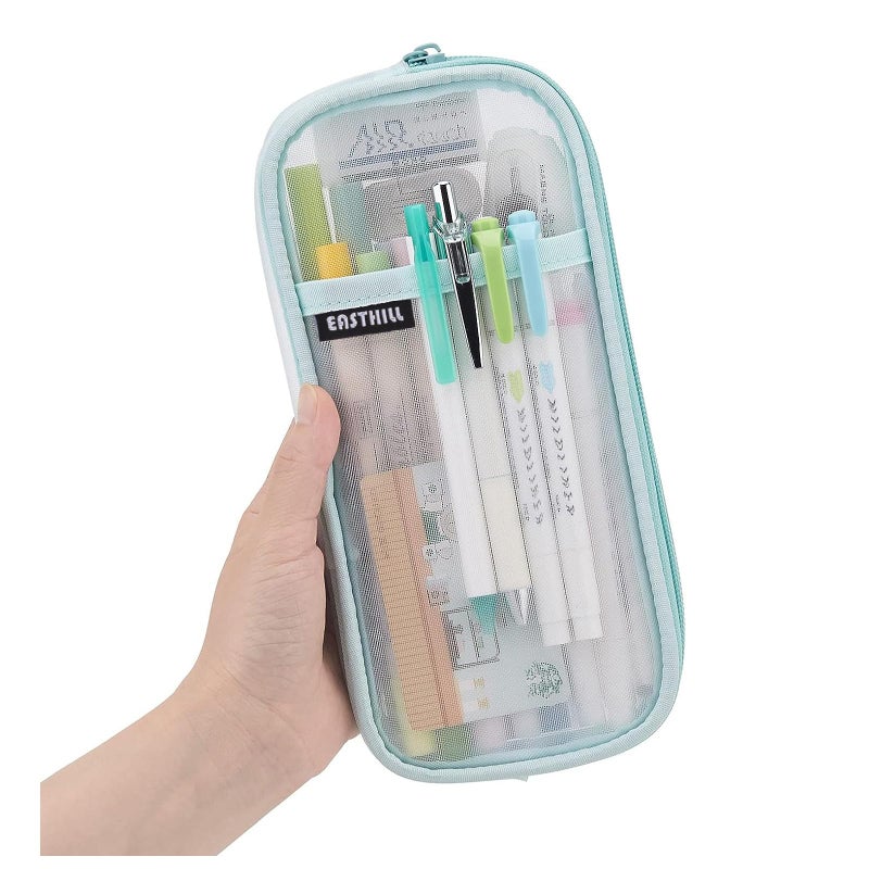 EASTHILL Grid Mesh Pen Pencil Case with Zipper Clear Makeup Color Pouch Cosmetics Bag MultiPurpose Travel School Teen Girls and Boys Transparent Stationary Bag Office Organizer Box for AdlutsGreen
