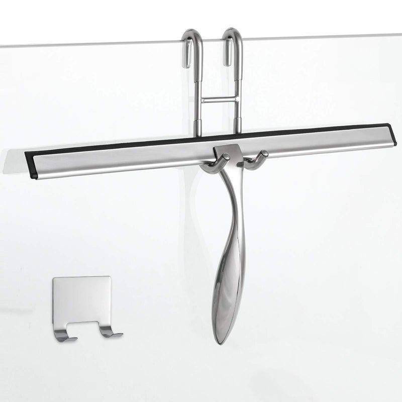 Simtive 14Inch Shower Squeegee Set Includes Shower Door Hook and Adhesive Hook Squeegee for Shower Doors Mirror and Window Silver