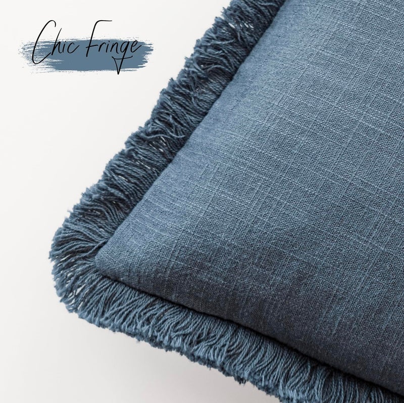 Foindtower Set of 2 Decorative Linen Fringe Throw Pillow Covers Cozy Farmhouse Cushion Cover with Tassels Accent Pillowcase for Couch Chair Sofa Bed Living Room Home Decor,22Ã—22 Inch,Dark Blue - Image 3