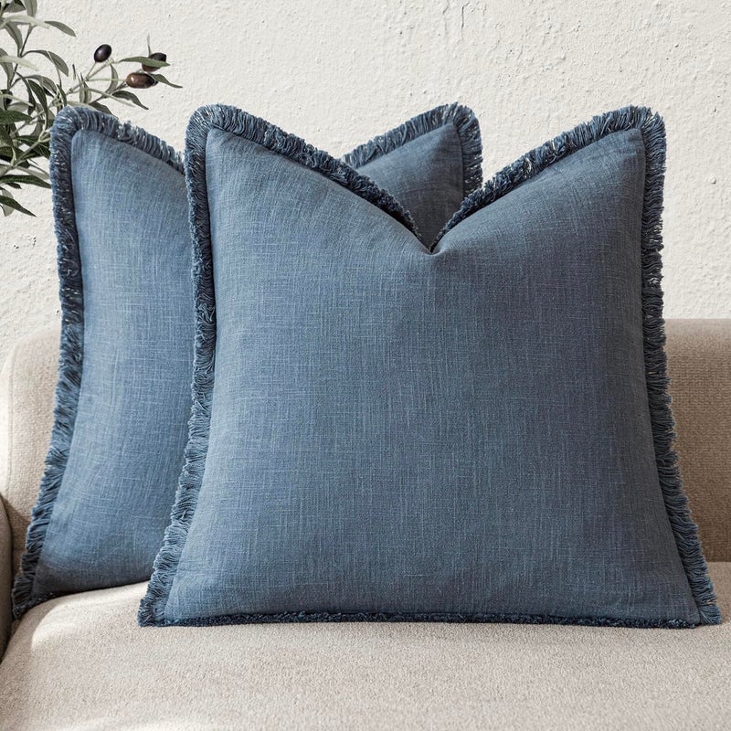 Foindtower Set of 2 Decorative Linen Fringe Throw Pillow Covers Cozy Farmhouse Cushion Cover with Tassels Accent Pillowcase for Couch Chair Sofa Bed Living Room Home Decor,22Ã—22 Inch,Dark Blue - Image 1