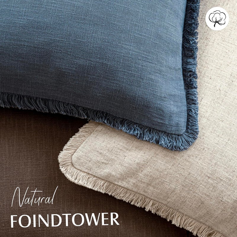 Foindtower Set of 2 Decorative Linen Fringe Throw Pillow Covers Cozy Farmhouse Cushion Cover with Tassels Accent Pillowcase for Couch Chair Sofa Bed Living Room Home Decor,22Ã—22 Inch,Dark Blue - Image 4
