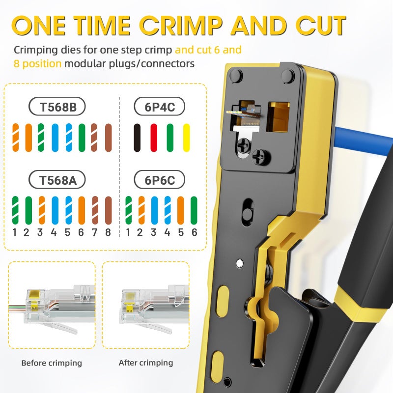 ZOERAX RJ45 Crimping Tool Ethernet Crimp Tool Crimper for RJ11/RJ12 Standard, RJ45 Pass Through Connectors, Yellow - Image 5