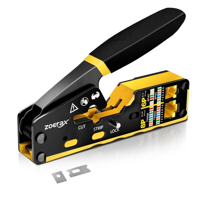 ZOERAX RJ45 Crimping Tool Ethernet Crimp Tool Crimper for RJ11/RJ12 Standard, RJ45 Pass Through Connectors, Yellow - Image 1