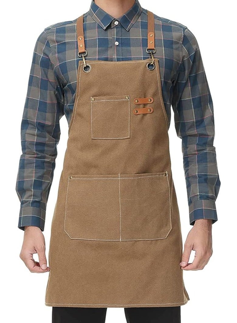Chef Apron, Cotton Canvas Cross Back Apron with Pockets for Women and Men, Adjustable Strap and Large Pockets Cooking Apron, Suitable for Gardening, Hair Stylist, Carpenters, Chef - Image 1