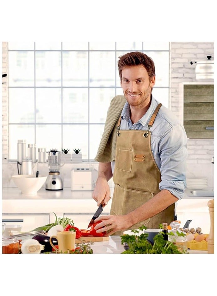 Chef Apron, Cotton Canvas Cross Back Apron with Pockets for Women and Men, Adjustable Strap and Large Pockets Cooking Apron, Suitable for Gardening, Hair Stylist, Carpenters, Chef - Image 2