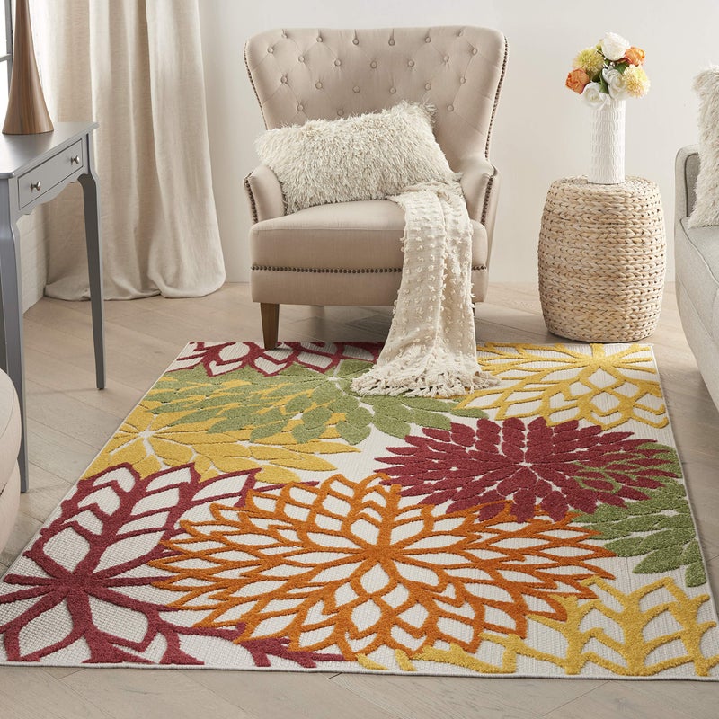 Nourison Home Aloha Indoor/Outdoor Red Multi Colored 5'3" x 7'5" Area Rug, Tropical, Botanical, Easy Cleaning, Non Shedding, Bed Room, Living Room, Dining Room, Deck, Backyard, Patio (5x7) - Image 1