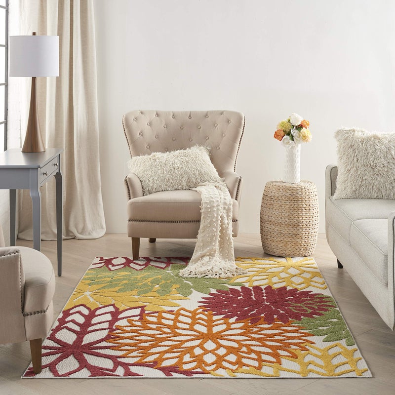 Nourison Home Aloha Indoor/Outdoor Red Multi Colored 5'3" x 7'5" Area Rug, Tropical, Botanical, Easy Cleaning, Non Shedding, Bed Room, Living Room, Dining Room, Deck, Backyard, Patio (5x7) - Image 2