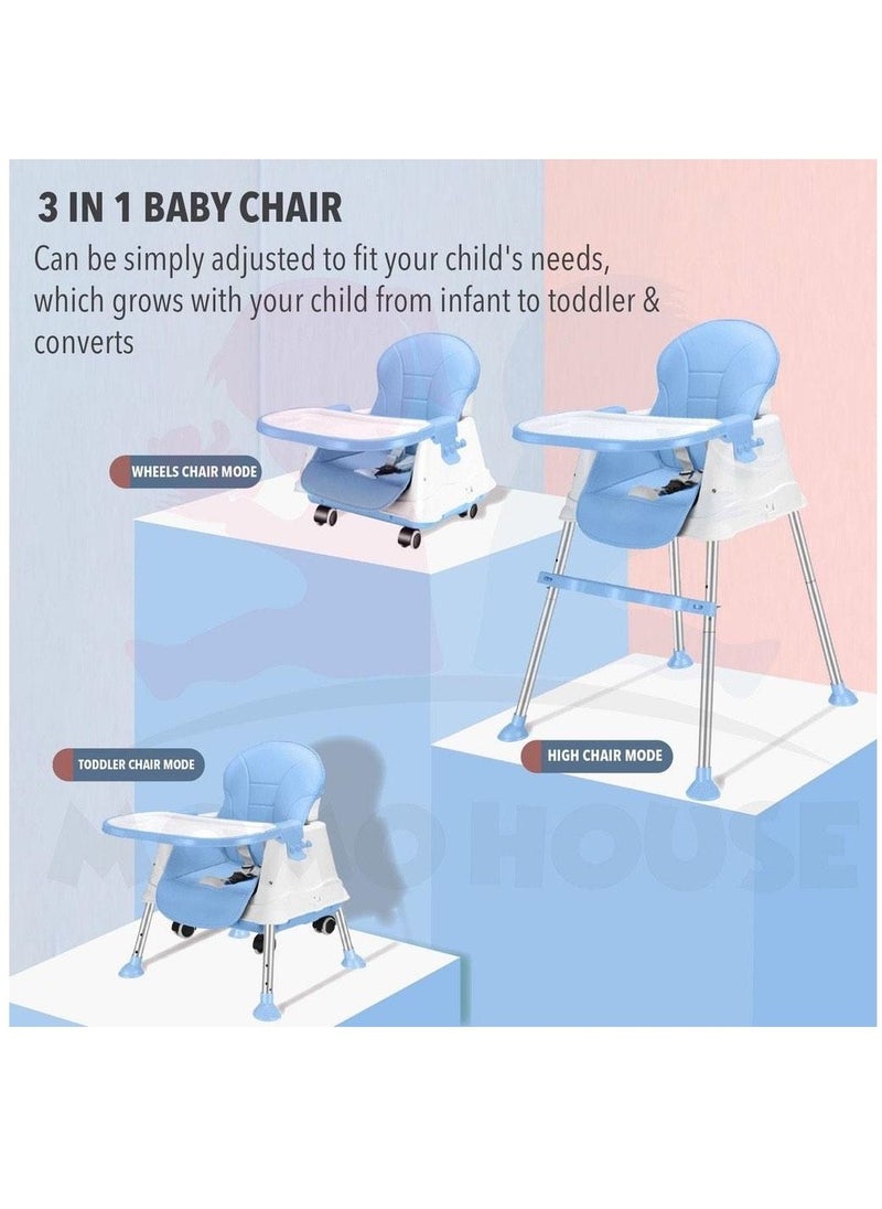 3 in 1 Adjustable Height Convertible Baby High Chair and Feeding Booster Seat for Kids Toddle with Footrest, Wheels, Cushion