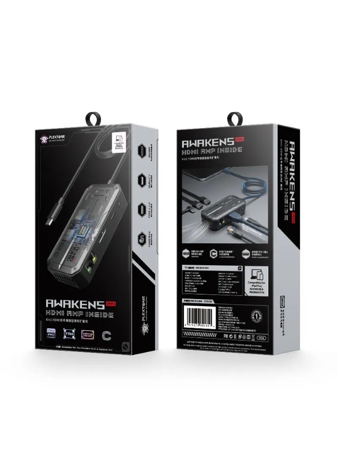 Plextone - Plextone Pro 6-in-1 Type-C Adapter lets you take advantage of 6 diverse ports in a compact device, whether you need to connect a 4K display, charge your devices at super-fast PD speeds of up to 100W, a lightning-fast internet connection port, a Type-C port for connecting devices, and two USB ports for high-speed data transfer, black. - Image 1