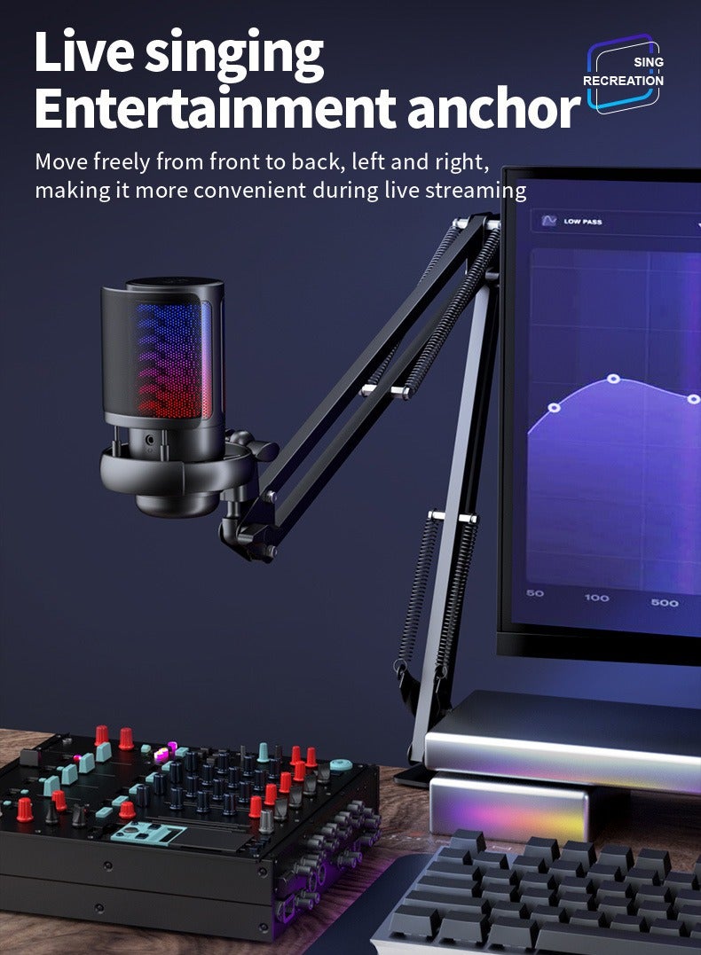 KHAJUL USB Condenser Microphone with Boom Arm, RGB Lighting, Touch Mute & Gain Knob for PC, PS4/PS5, Mac & Phone Streaming/Podcasting (Black/High Quality) - Image 2