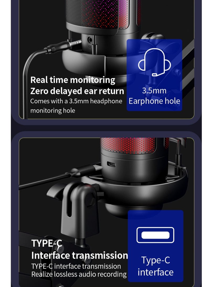 KHAJUL USB Condenser Microphone with Boom Arm, RGB Lighting, Touch Mute & Gain Knob for PC, PS4/PS5, Mac & Phone Streaming/Podcasting (Black/High Quality) - Image 4