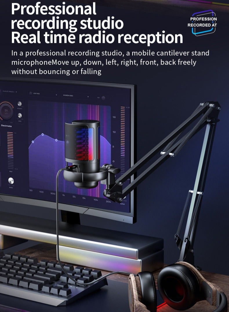 KHAJUL USB Condenser Microphone with Boom Arm, RGB Lighting, Touch Mute & Gain Knob for PC, PS4/PS5, Mac & Phone Streaming/Podcasting (Black/High Quality) - Image 3