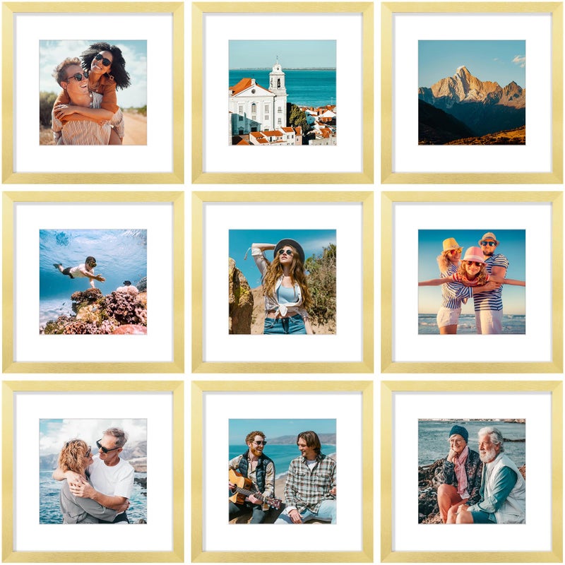 Vittanly 12x12 Picture Frames Set of 9 Shatter Resistant Plexiglass Display 8x8 Pictures with Mat or 12x12 without Mat Photo Frames for Wall Mount Engineered Wood Gold