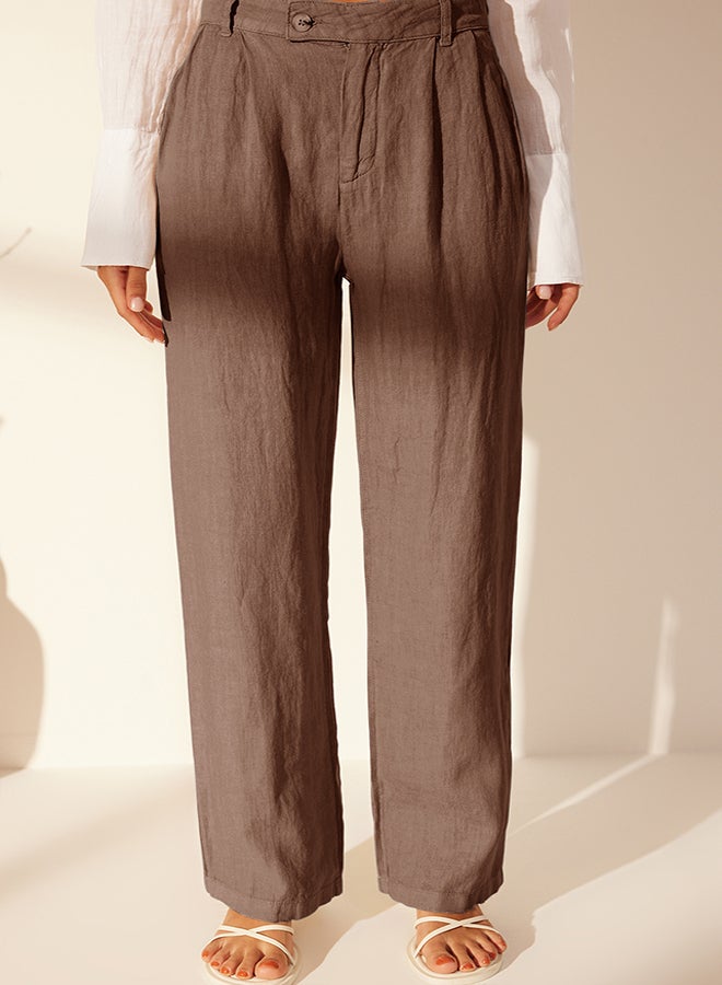 trendyol Brown 100% Linen Pleated High Waist Wide Leg Trousers TWOSS24JE00245 - Image 5
